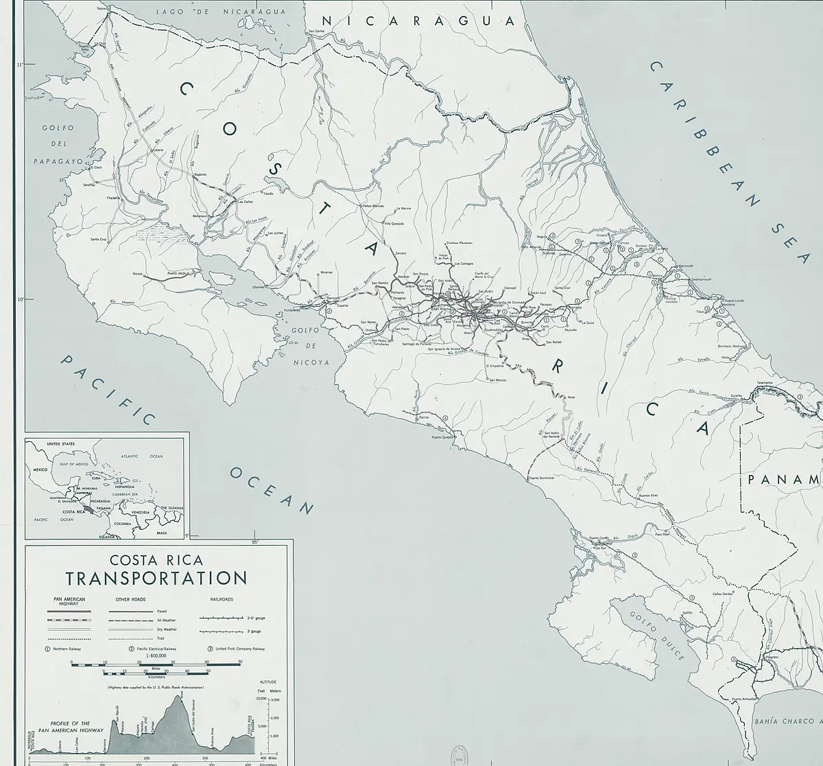 Carta cartográfica histórica de Costa Rica con la red de vías del país, tratada en marfil y petróleo.