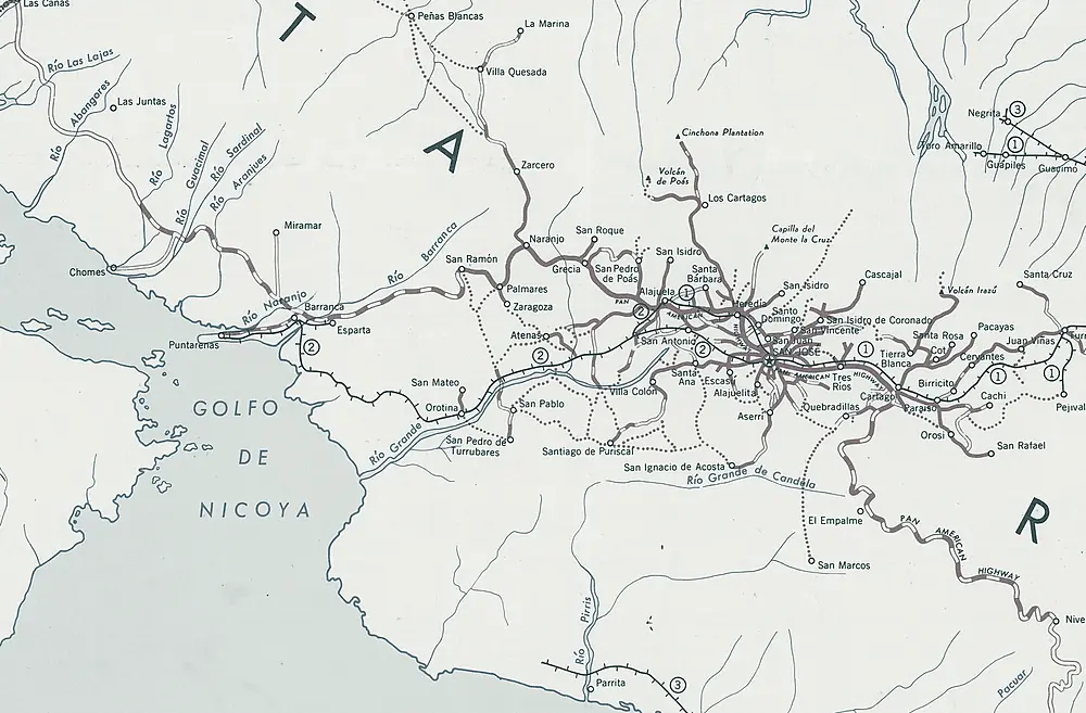 Detalle cartográfico del Valle Central de Costa Rica: la red de caminos y poblados ya conectados.